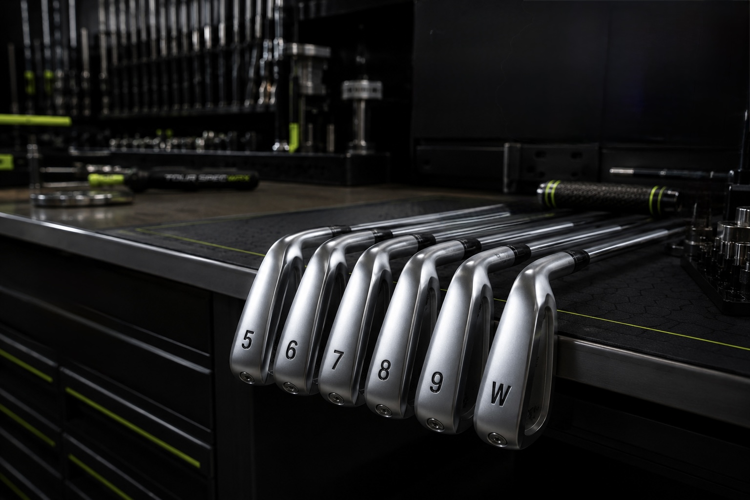 Six custom-built irons resting on the TOURSPECWRX workshop bench