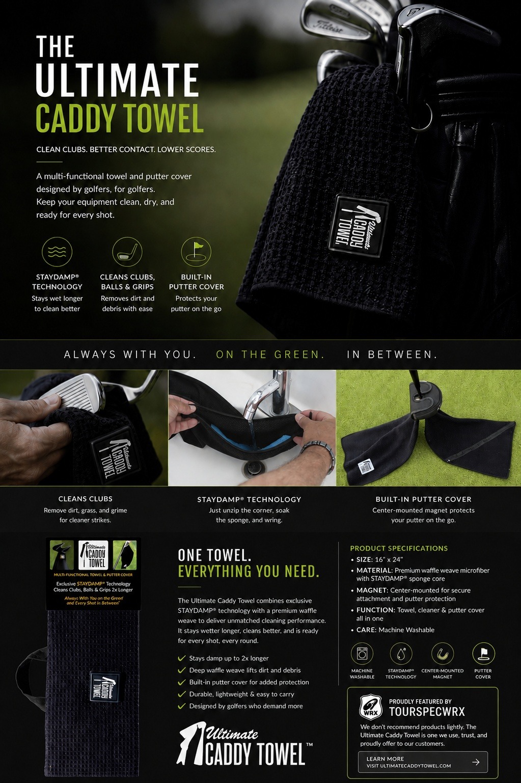 The Ultimate Caddy Towel clipped to a golf bag — shown in action on the course.