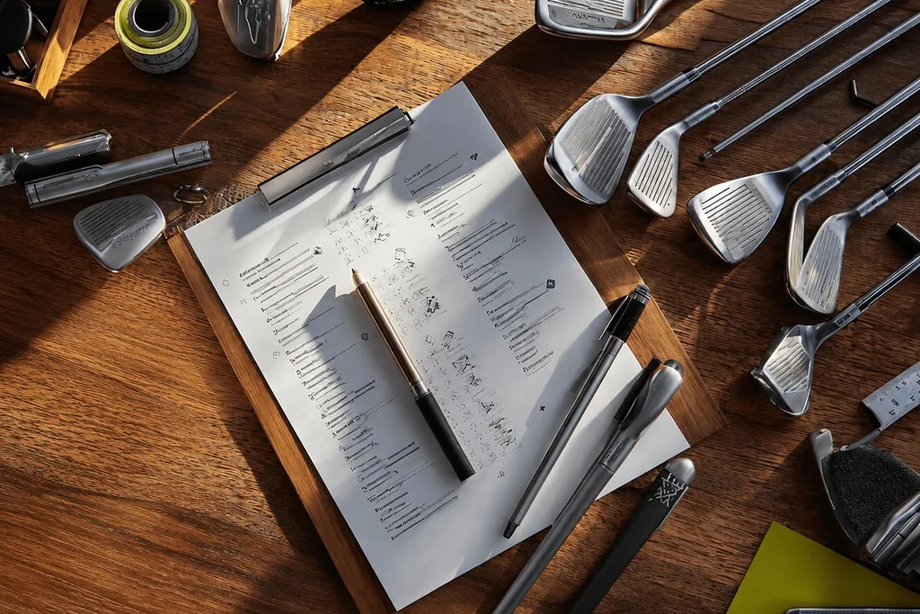 A fitting spec sheet on a clipboard beside a row of irons and wedges on the TOURSPECWRX workbench