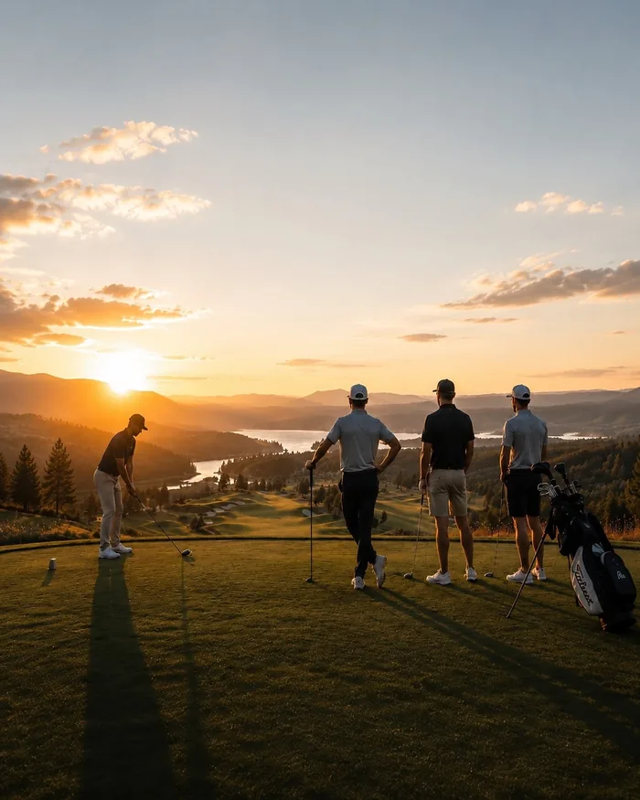 Four golfers on an elevated tee at sunset, looking out over a fairway, a lake, and distant mountains — the calm of the game