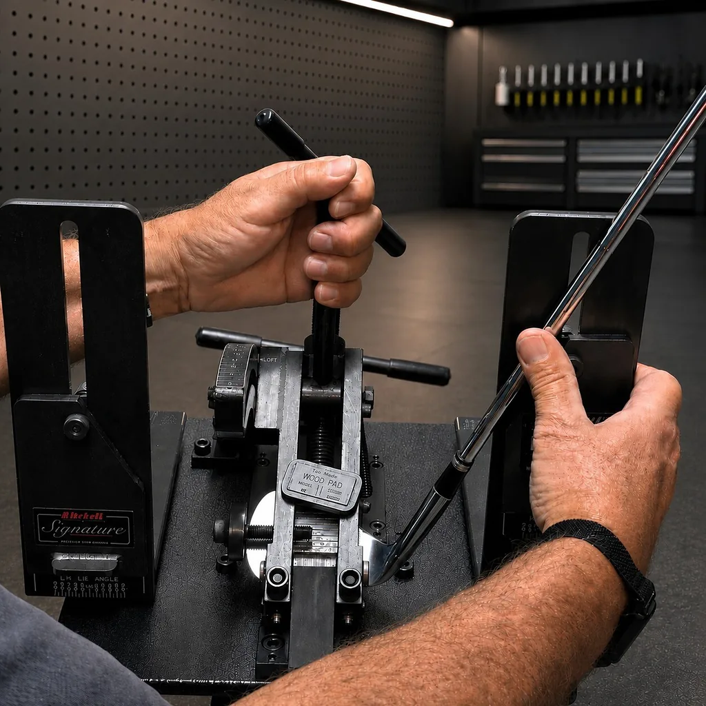 A golf iron secured in the loft and lie bending machine at the TOURSPECWRX workshop