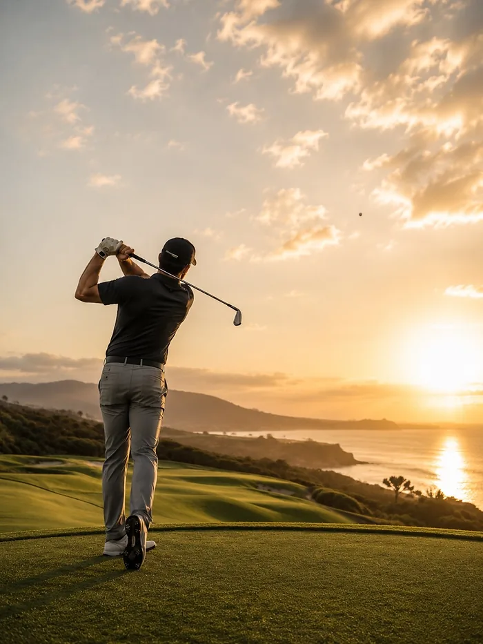 A golfer at sunset completing a swing above the coastline