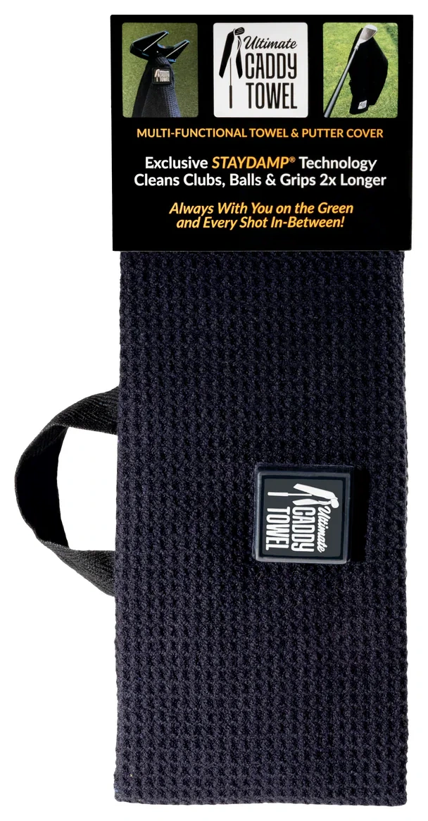 The Ultimate Caddy Towel: a black waffle-texture golf towel with a carry loop, a center-mounted magnetic patch, and its retail header card.